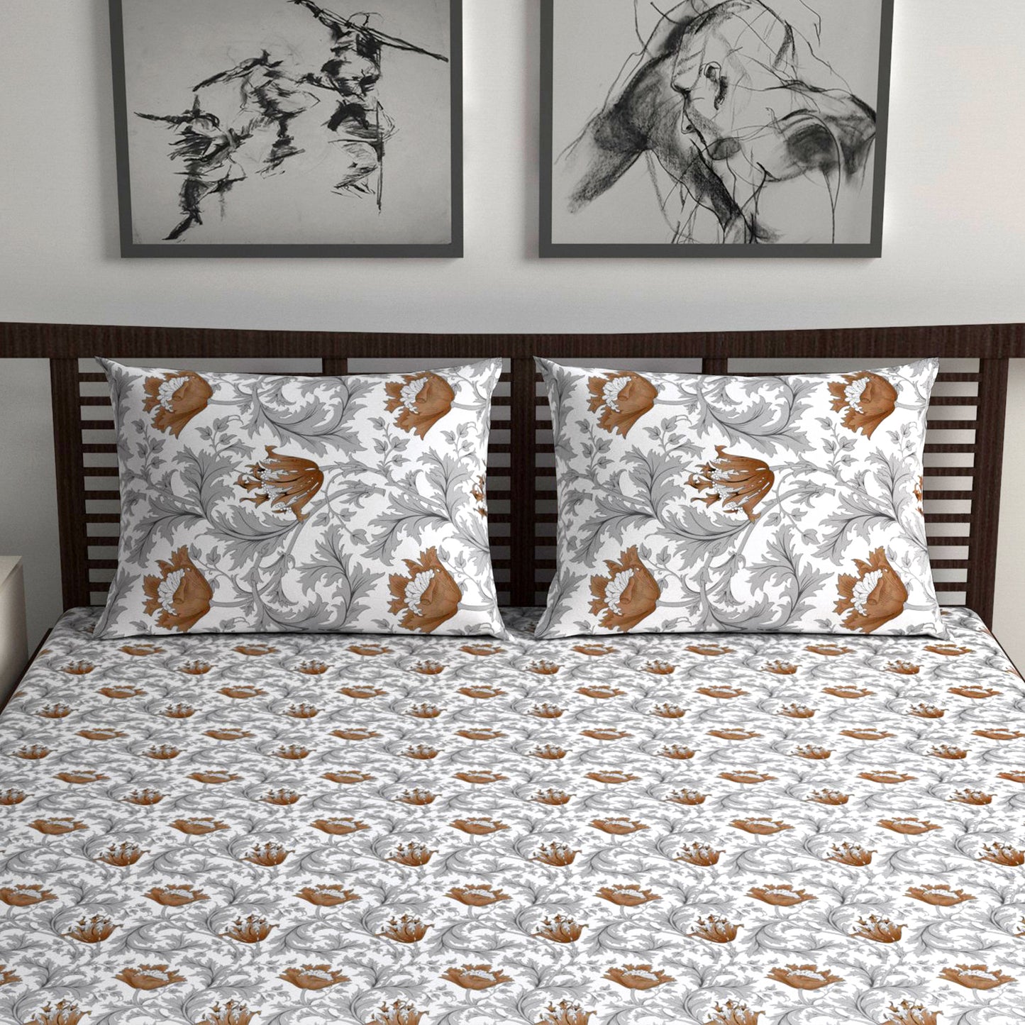 Tulip Floral Grey and Brown Bedsheet for Double Bed- 100% Cotton