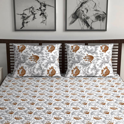 Tulip Floral Grey and Brown Bedsheet for Double Bed- 100% Cotton