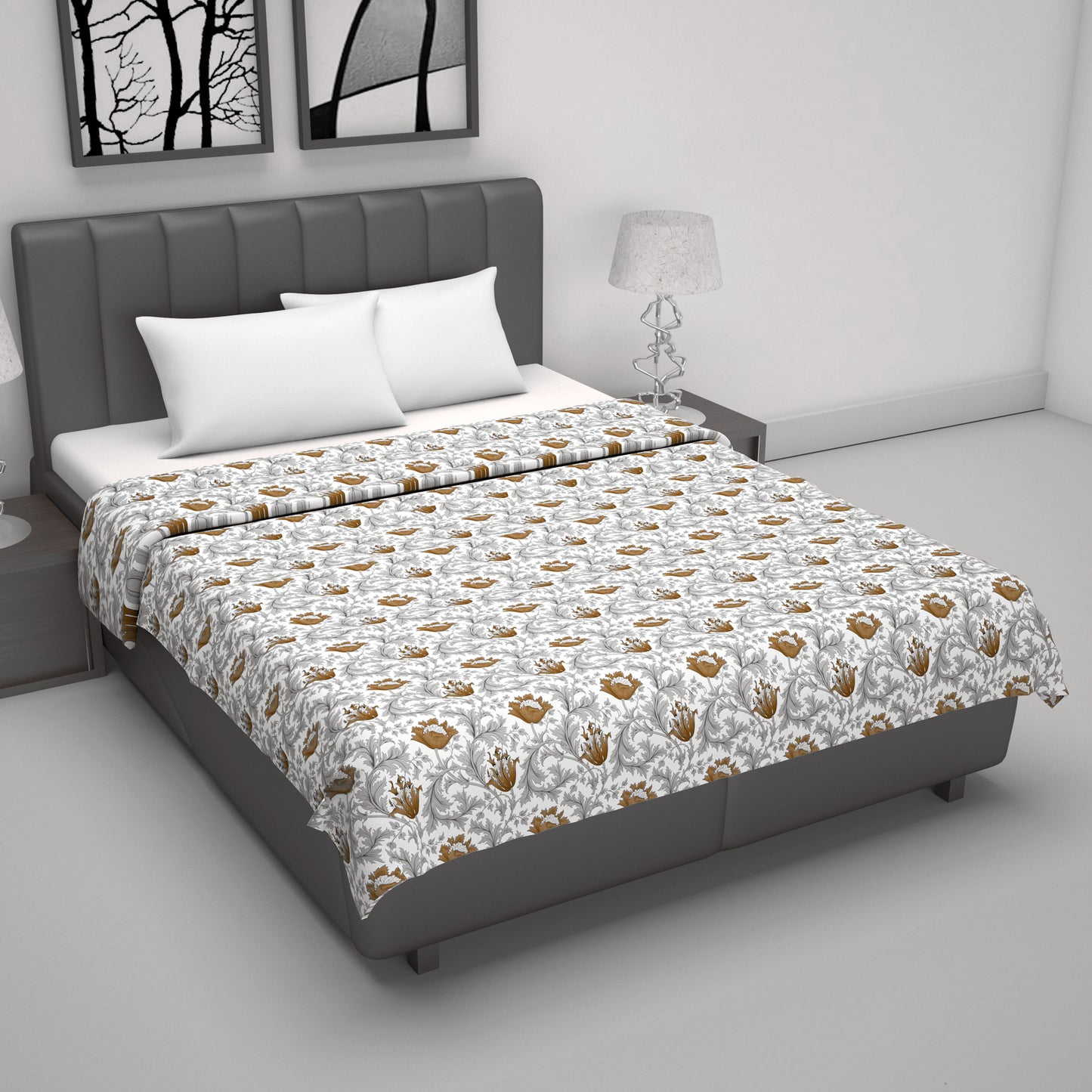 Tulip Floral Grey and Brown Silky Touch Dohar for Double Bed