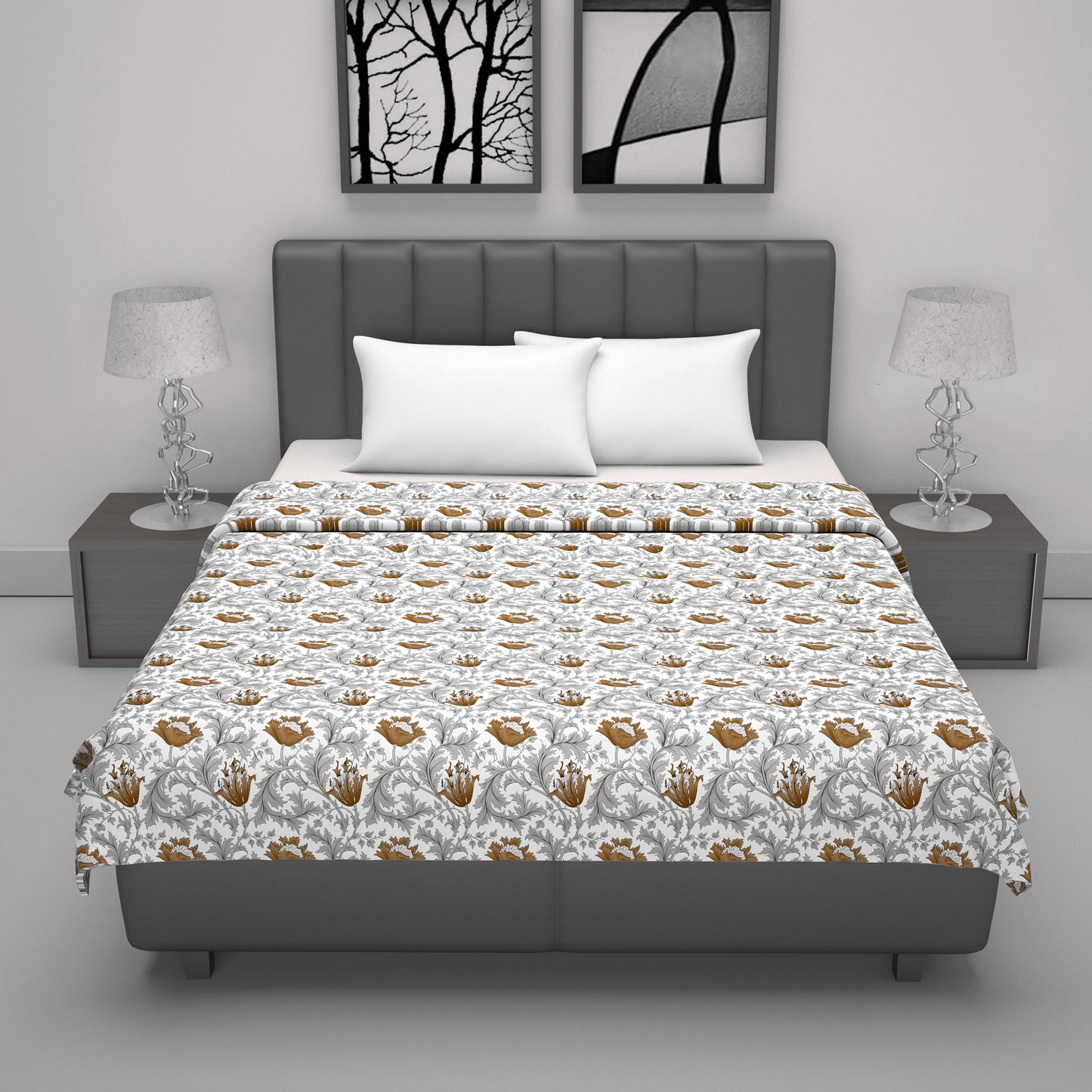 Tulip Floral Grey and Brown Silky Touch Dohar for Double Bed