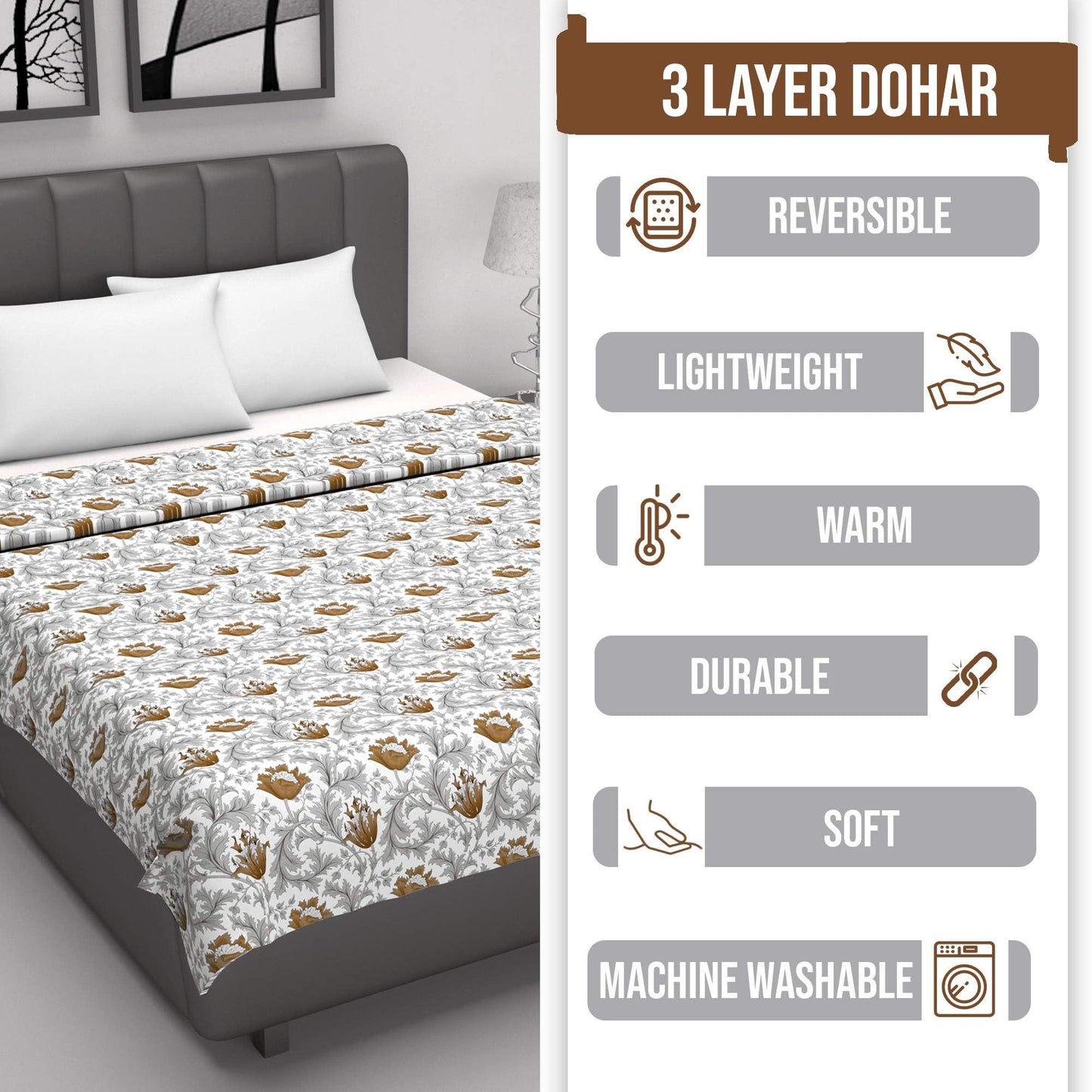 Tulip Floral Grey and Brown Silky Touch Dohar for Double Bed