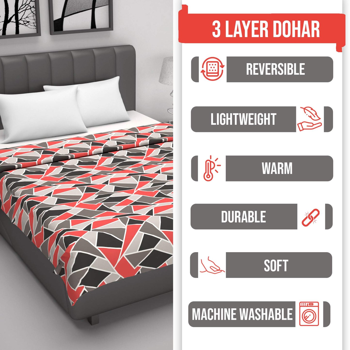 Triangle Red 144 TC 100% Cotton Summer AC Dohar for Single Bed