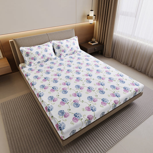Blue Pink Floral 144 TC Cotton Double Bedsheet