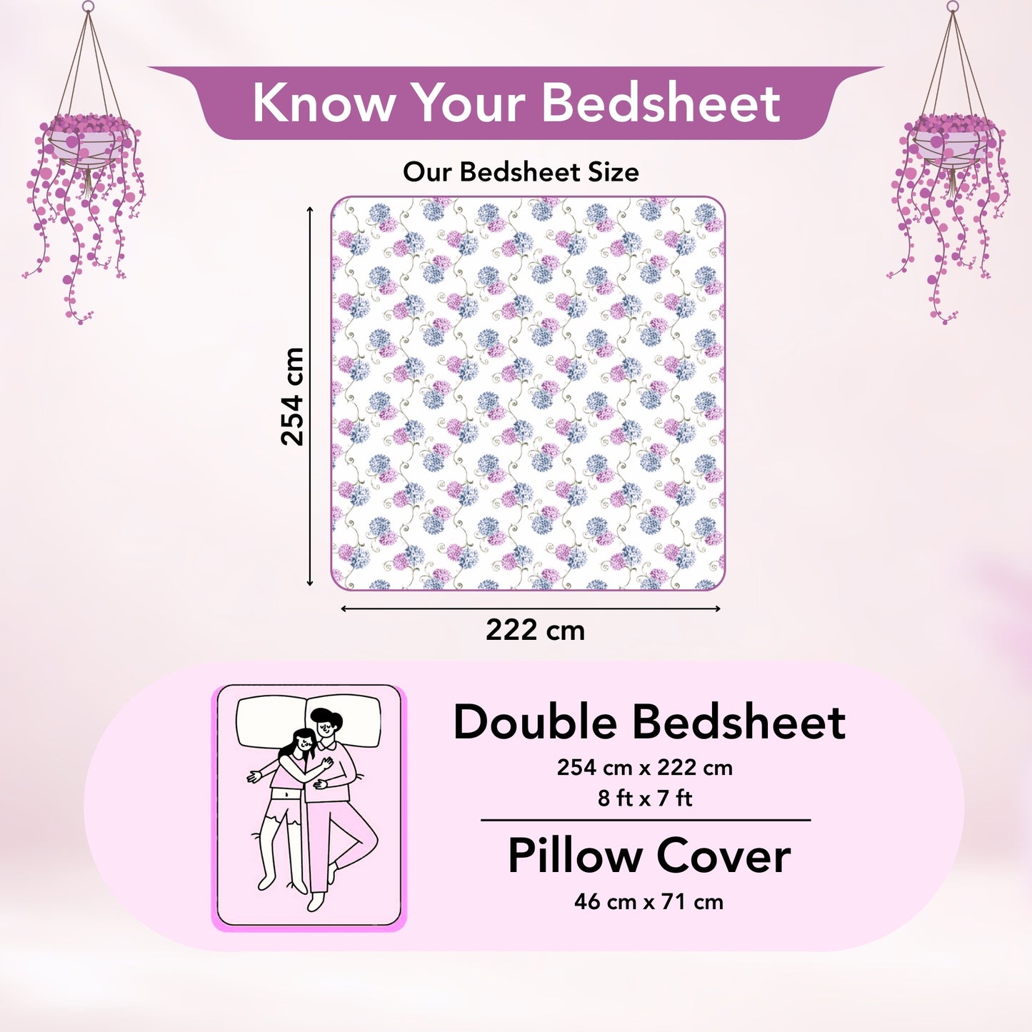 Blue Pink Floral 144 TC Cotton Double Bedsheet