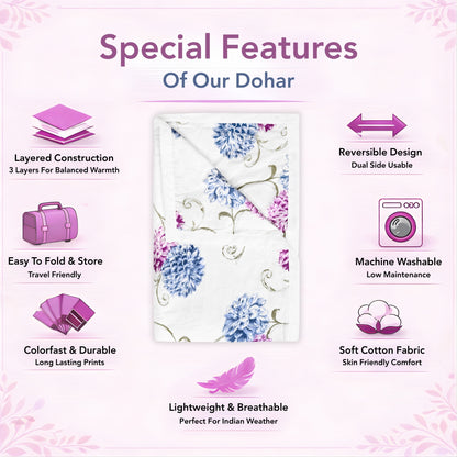 Blue Pink Floral Pure Cotton Lightweight Dohar For Double Bed