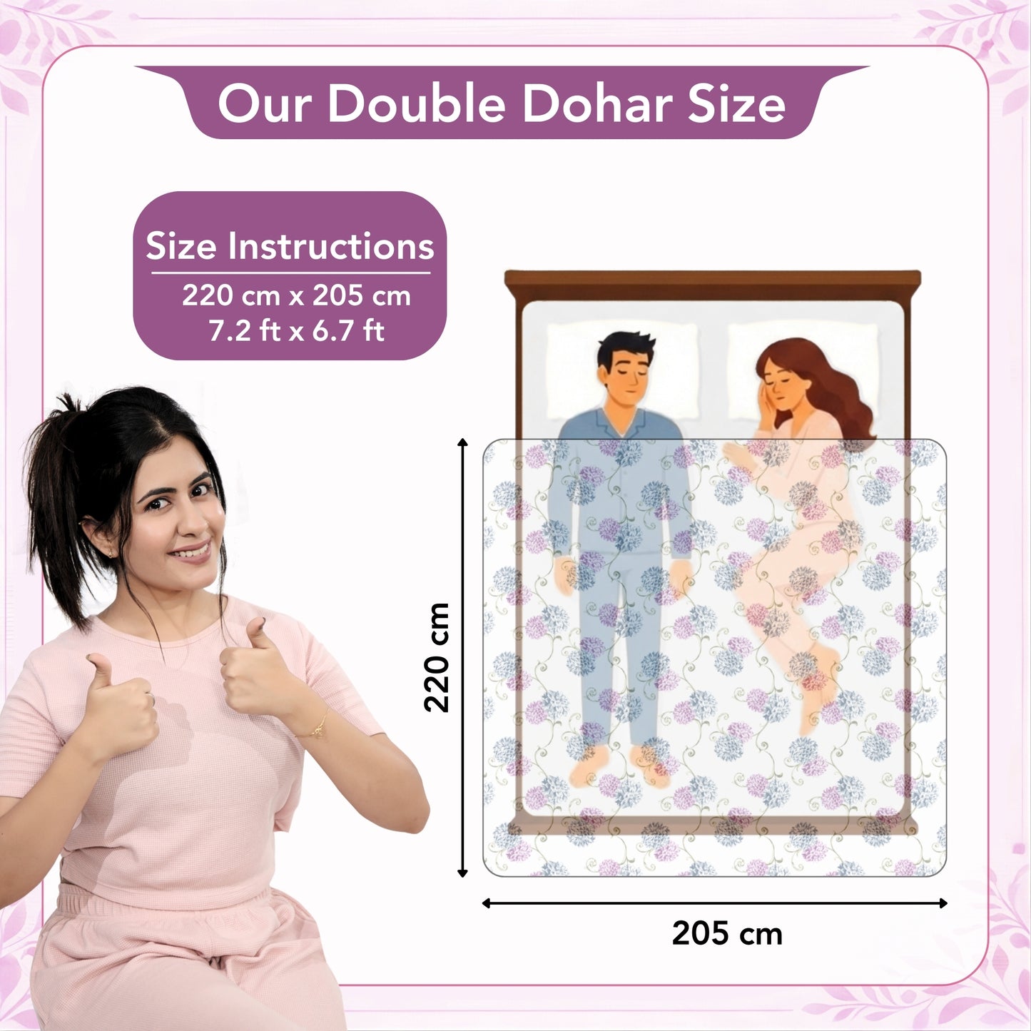 Blue Pink Floral Pure Cotton Lightweight Dohar For Double Bed