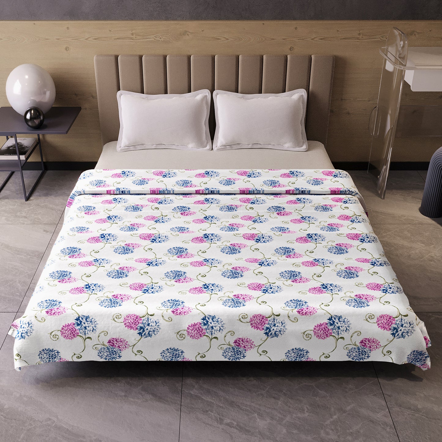 Blue Pink Floral Pure Cotton Lightweight Dohar For Double Bed