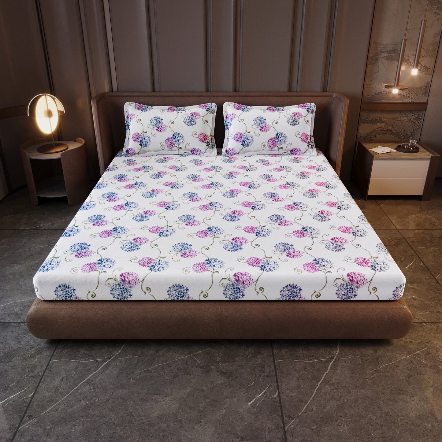 Blue Pink Floral 144 TC Cotton King Bedsheet