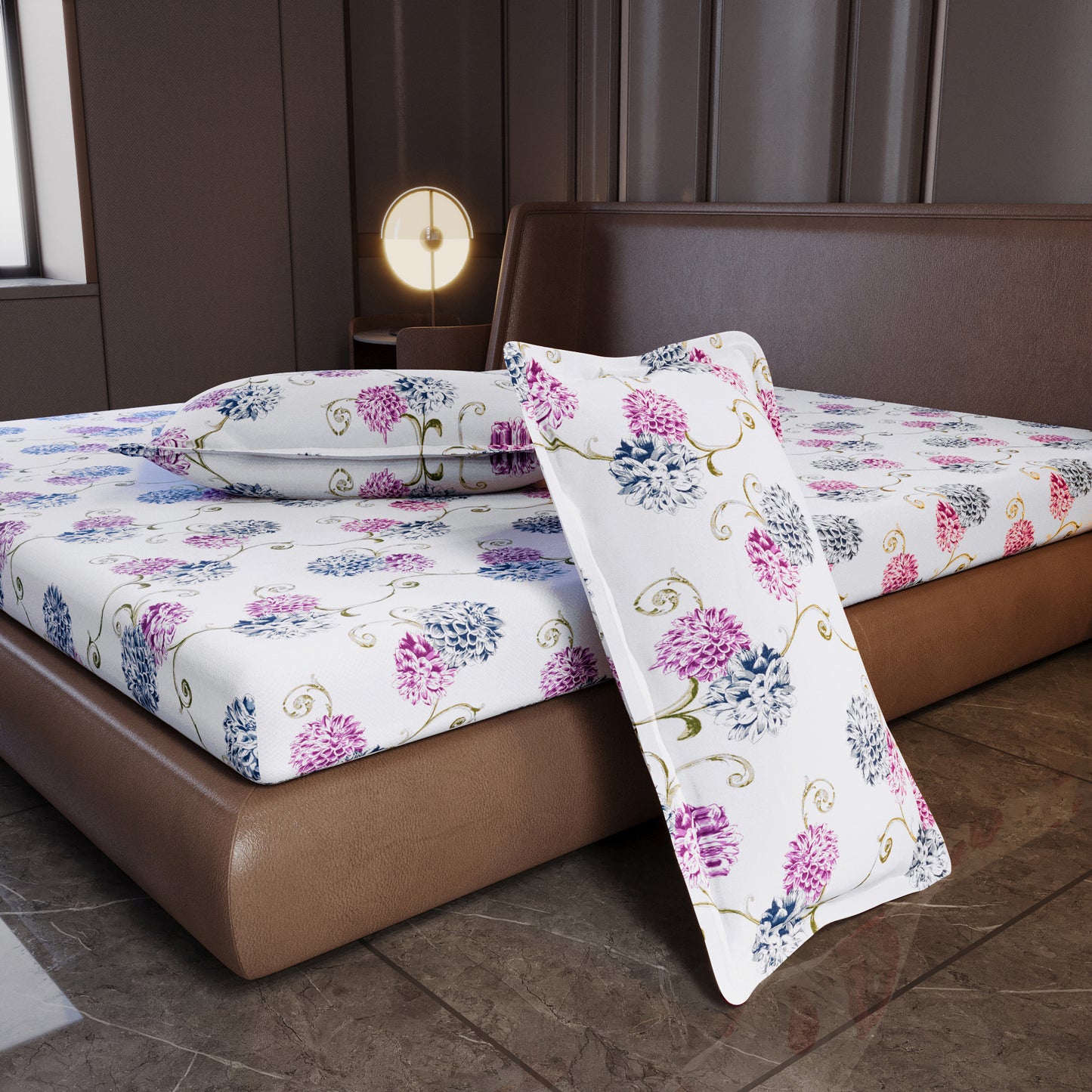 Blue Pink Floral 144 TC Cotton King Bedsheet