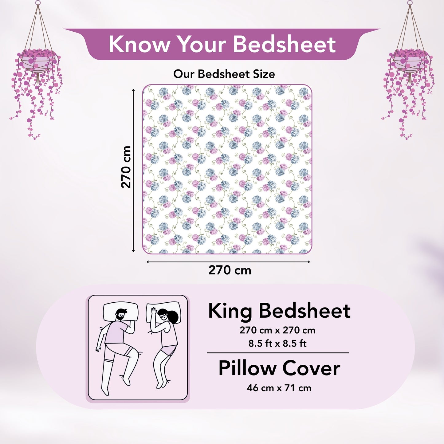 Blue Pink Floral 144 TC Cotton King Bedsheet