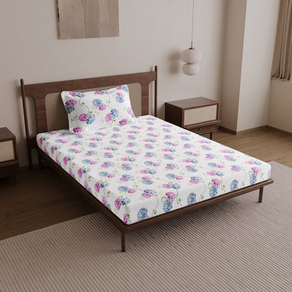 Blue Pink Floral Cotton Elastic Fitted Single Bedsheet