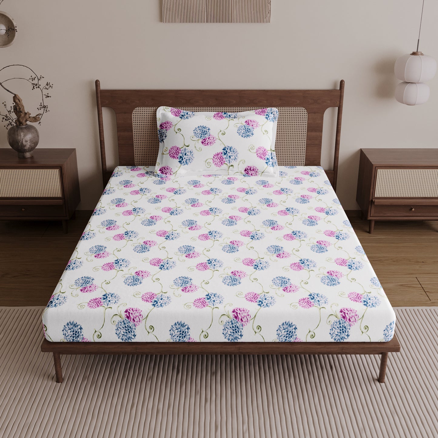 Blue Pink Floral 144 TC Cotton Single Bedsheet