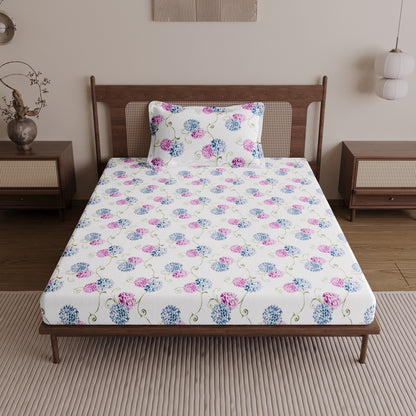 Blue Pink Floral 144 TC Cotton Single Bedsheet