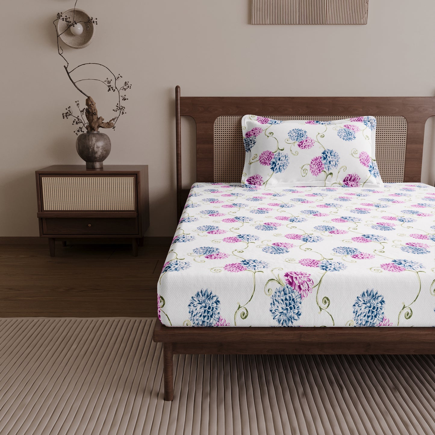Blue Pink Floral 144 TC Cotton Single Bedsheet