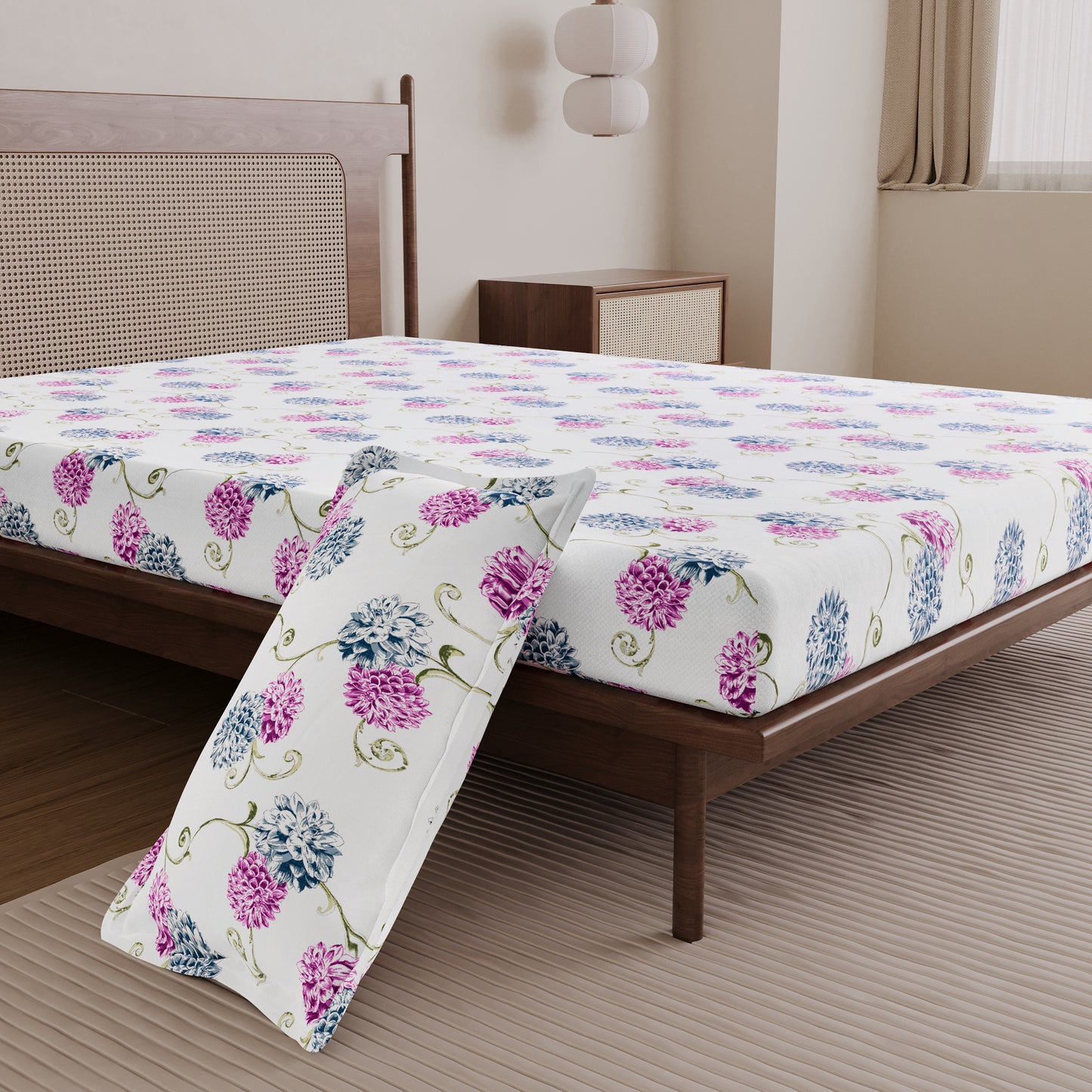 Blue Pink Floral 144 TC Cotton Single Bedsheet