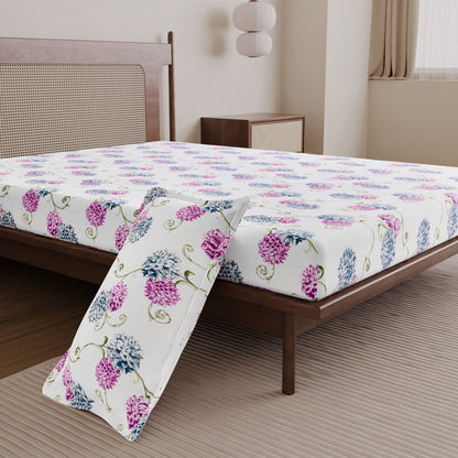 Blue Pink Floral 144 TC Cotton Single Bedsheet