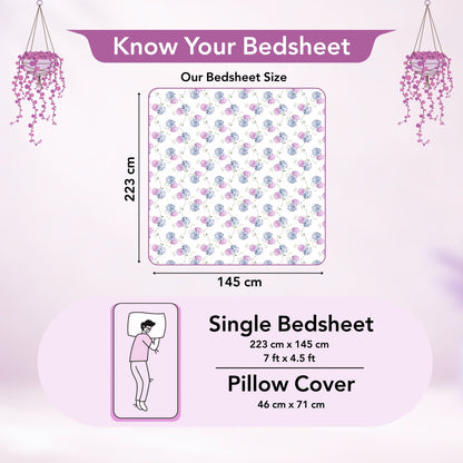 Blue Pink Floral 144 TC Cotton Single Bedsheet