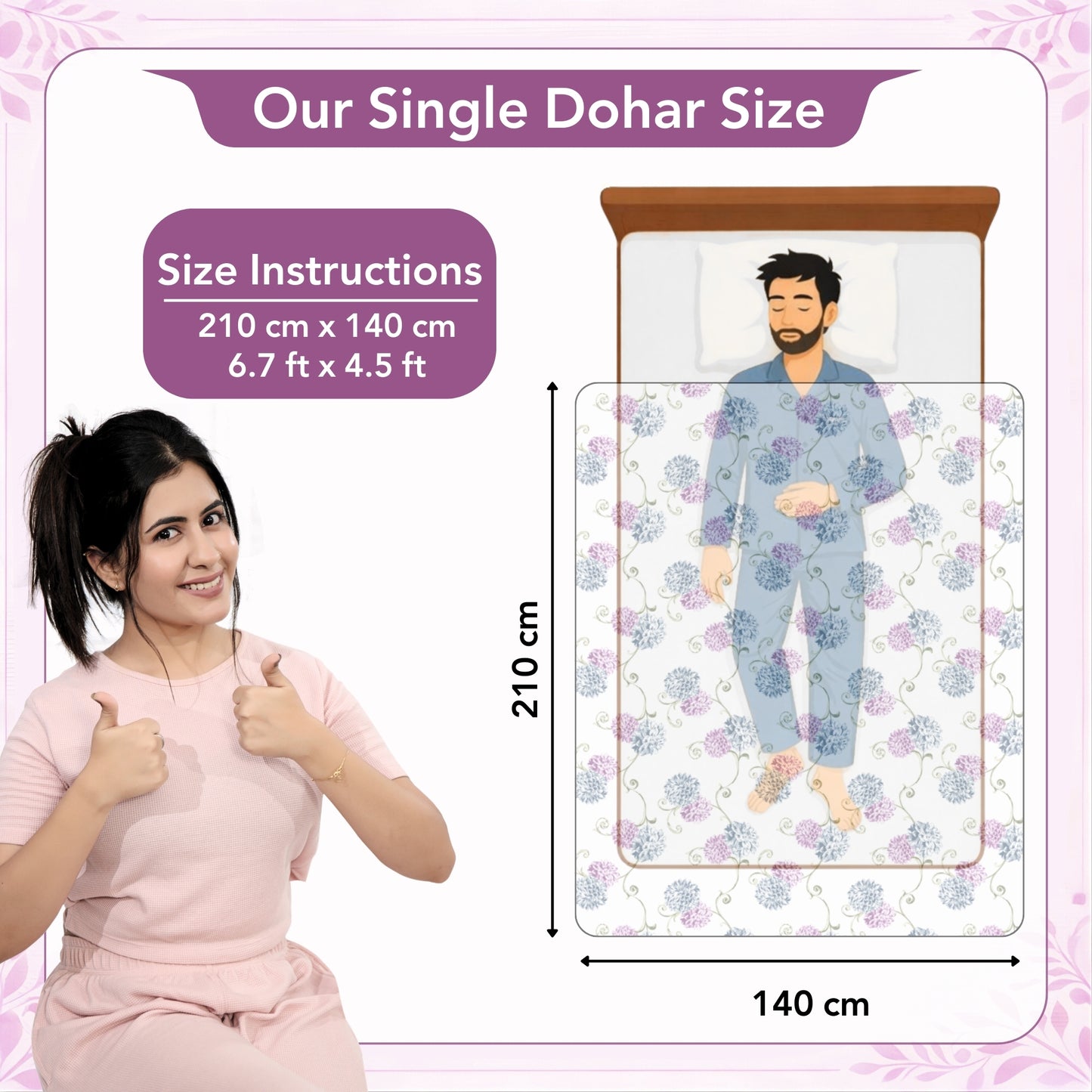 Blue Pink Floral Pure Cotton Lightweight Dohar For Single Bed