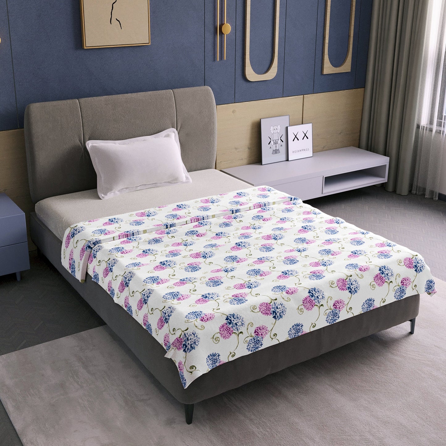 Blue Pink Floral Pure Cotton Lightweight Dohar For Single Bed