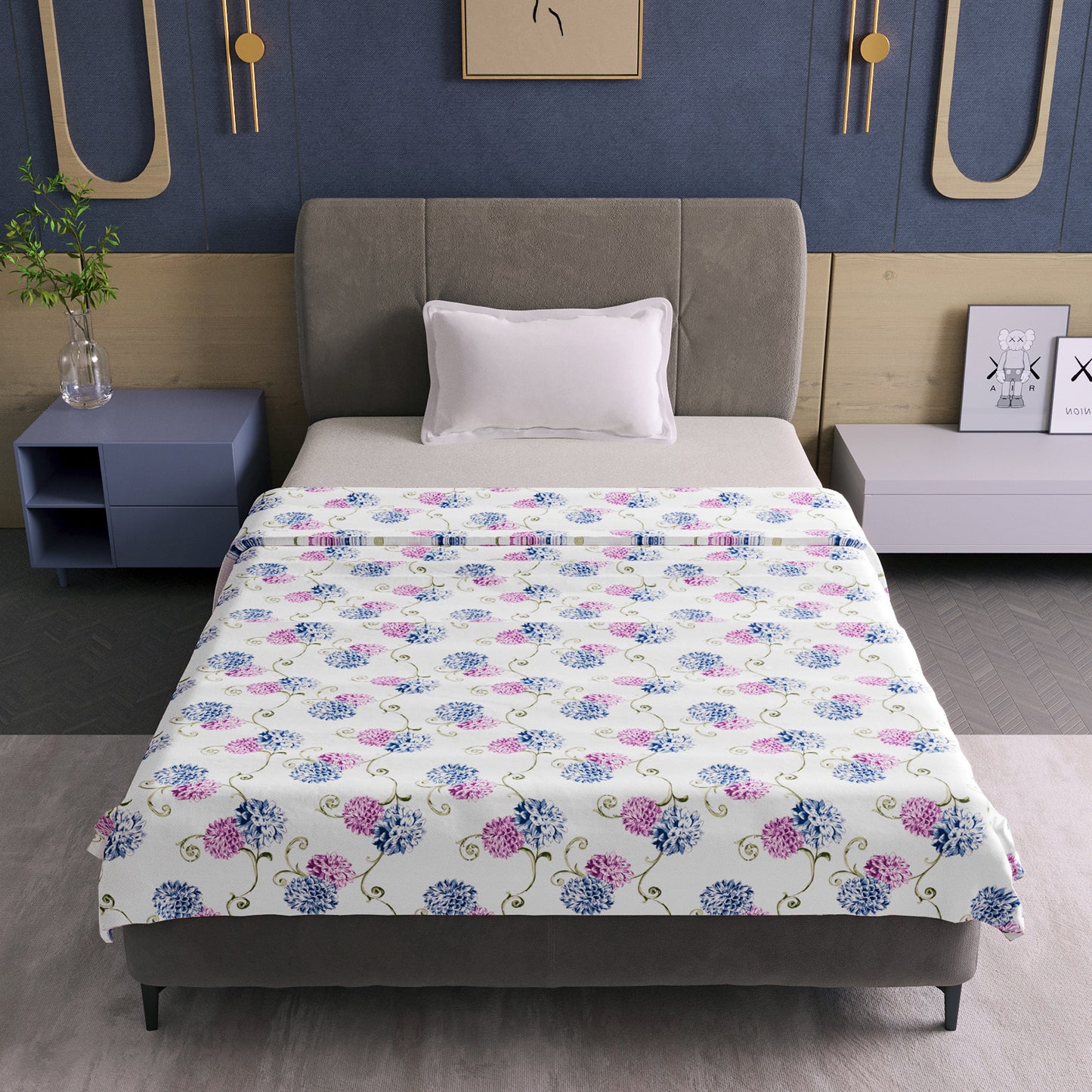 Blue Pink Floral Pure Cotton Lightweight Dohar For Single Bed