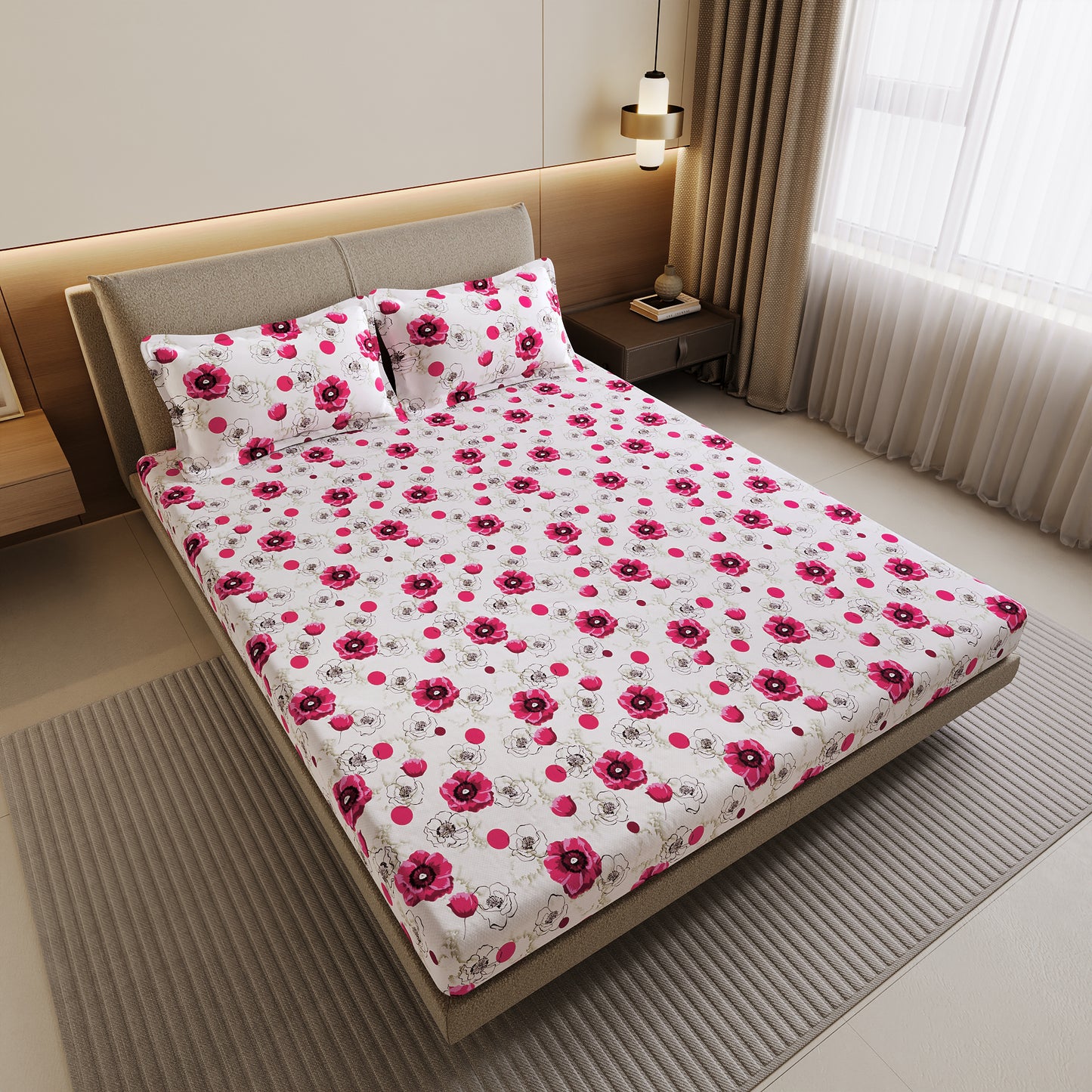 Pink Blossom Floral Cotton Elastic Fitted Double Bedsheet