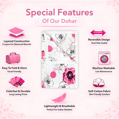 Pink Floral Pure Cotton Lightweight Dohar For Single bed
