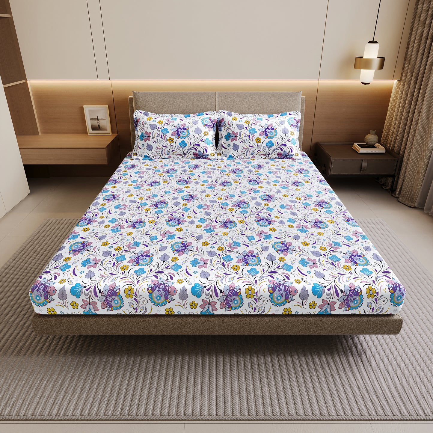 Purple Floral Double Cotton Bedsheet
