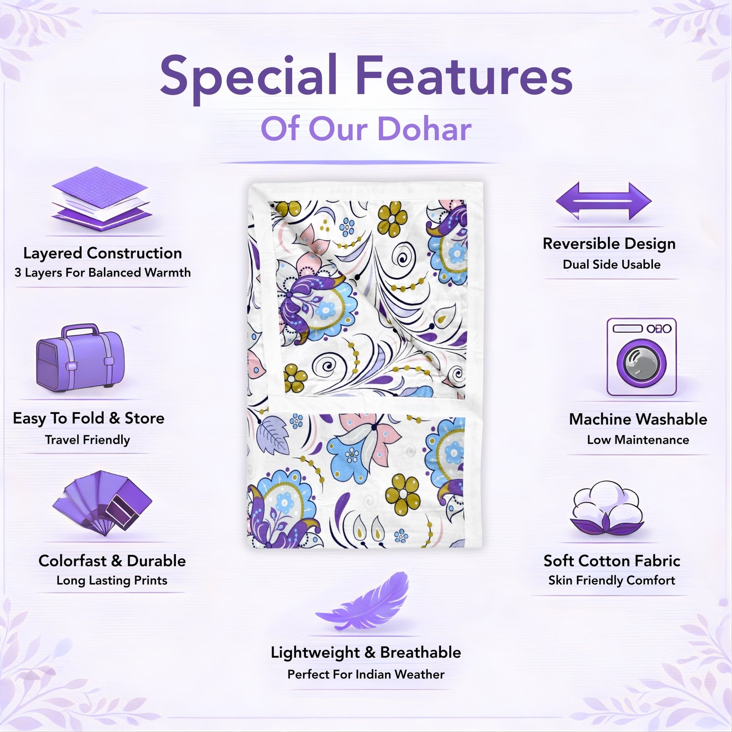 Purple Blue Floral Pure Cotton Lightweight Dohar For Single Bed