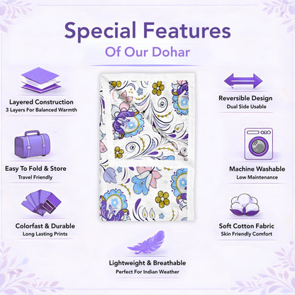 Purple Blue Floral Pure Cotton Lightweight Dohar For Single Bed