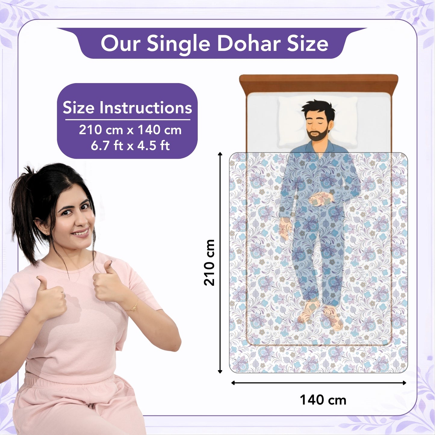 Purple Blue Floral Pure Cotton Lightweight Dohar For Single Bed
