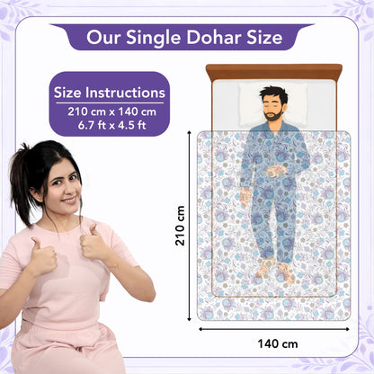 Purple Blue Floral Pure Cotton Lightweight Dohar For Single Bed