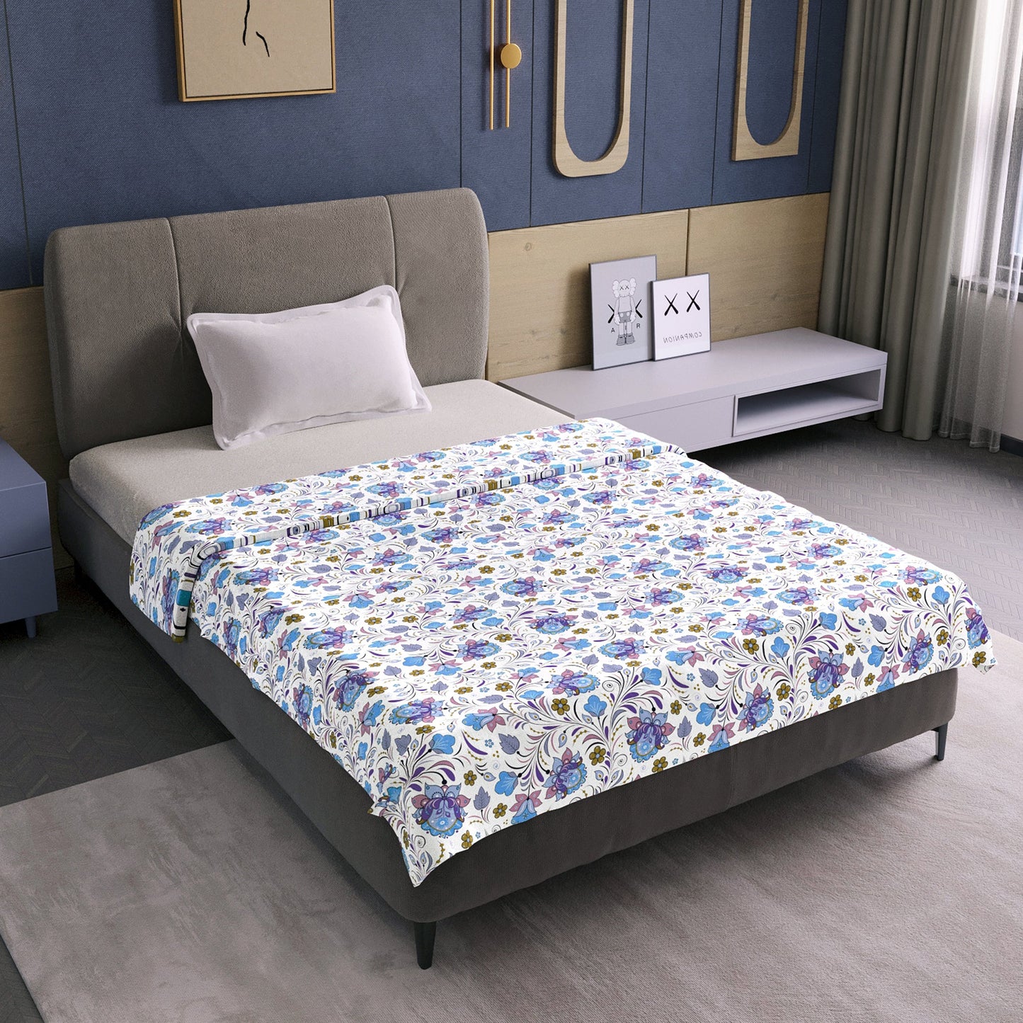 Purple Blue Floral Pure Cotton Lightweight Dohar For Single Bed