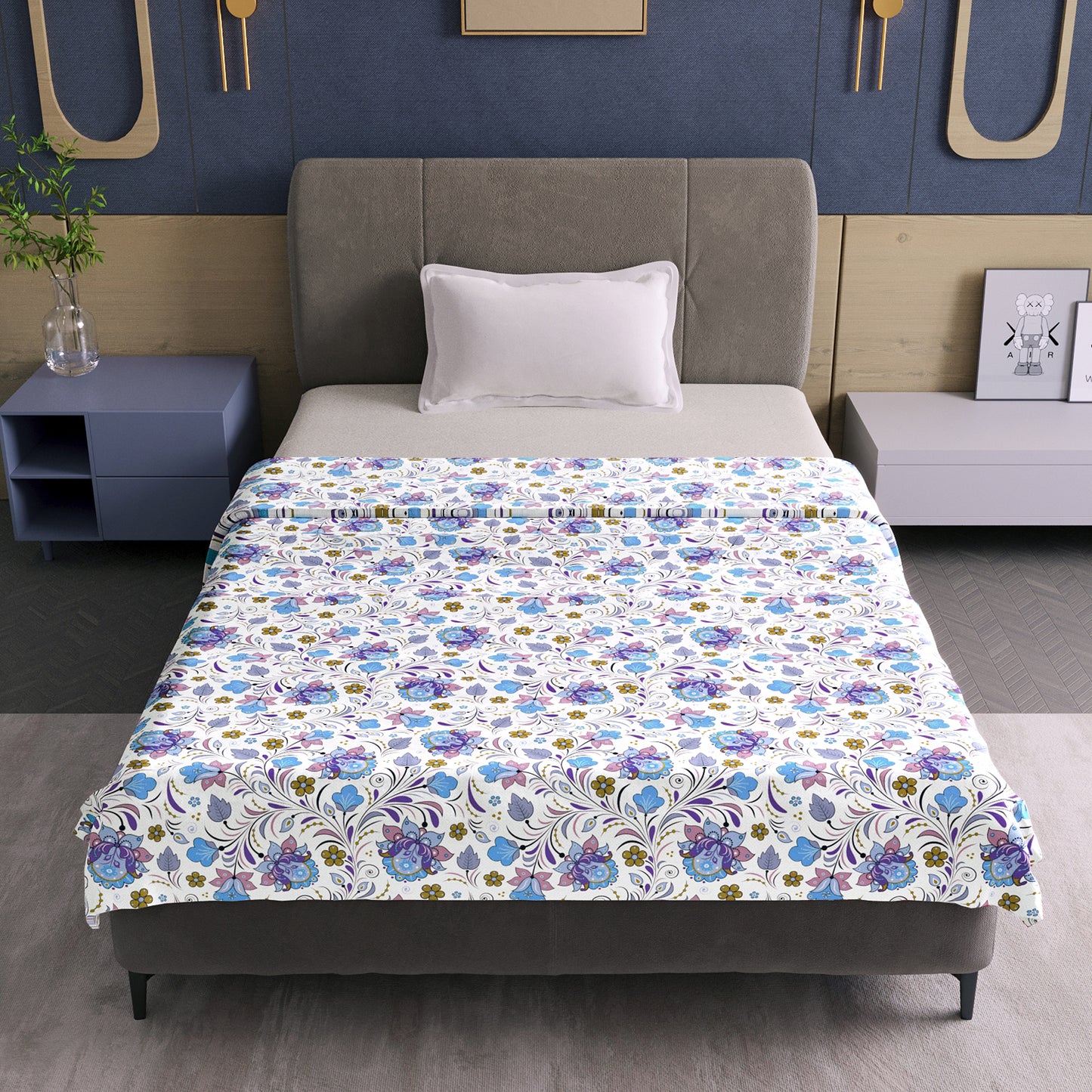 Purple Blue Floral Pure Cotton Lightweight Dohar For Single Bed