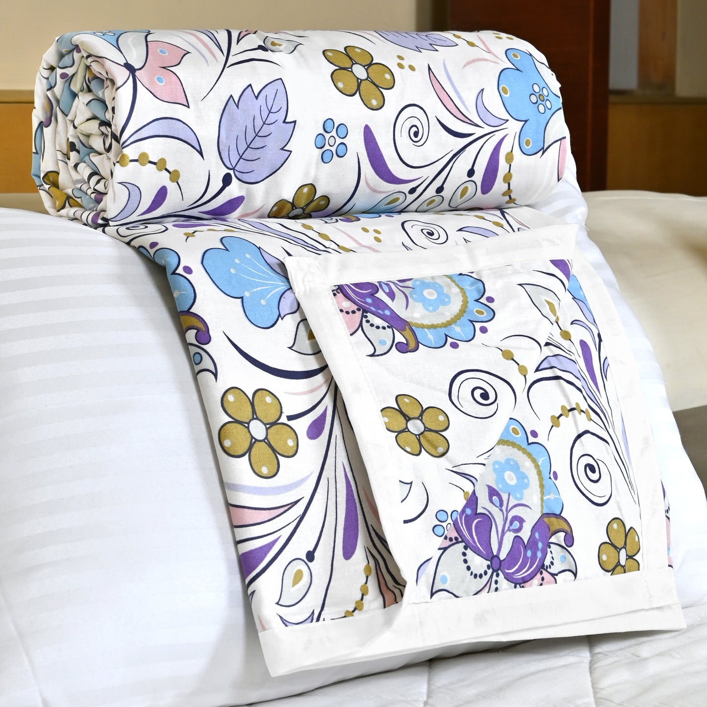 Purple Blue Floral Pure Cotton Lightweight Dohar For Single Bed