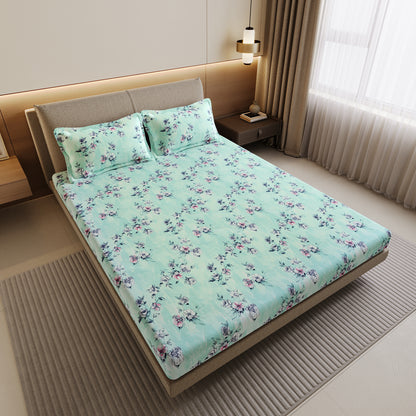 Mint Green Floral Cotton Elastic Fitted Double Bedsheet