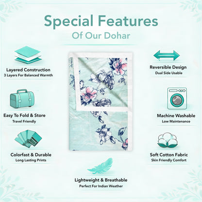 Mint Green Floral Pure Cotton Lightweight Dohar For Double Bed
