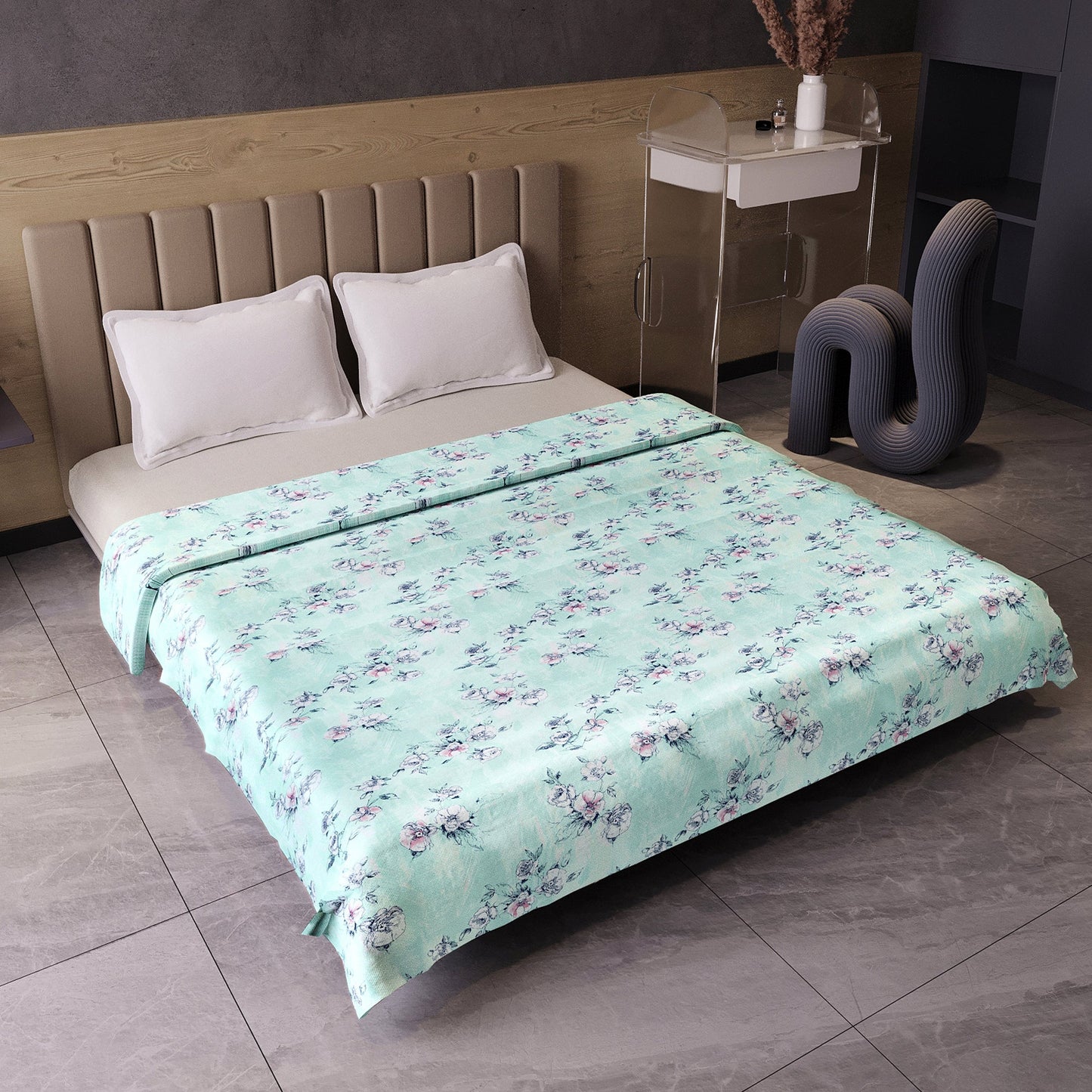 Mint Green Floral Pure Cotton Lightweight Dohar For Double Bed