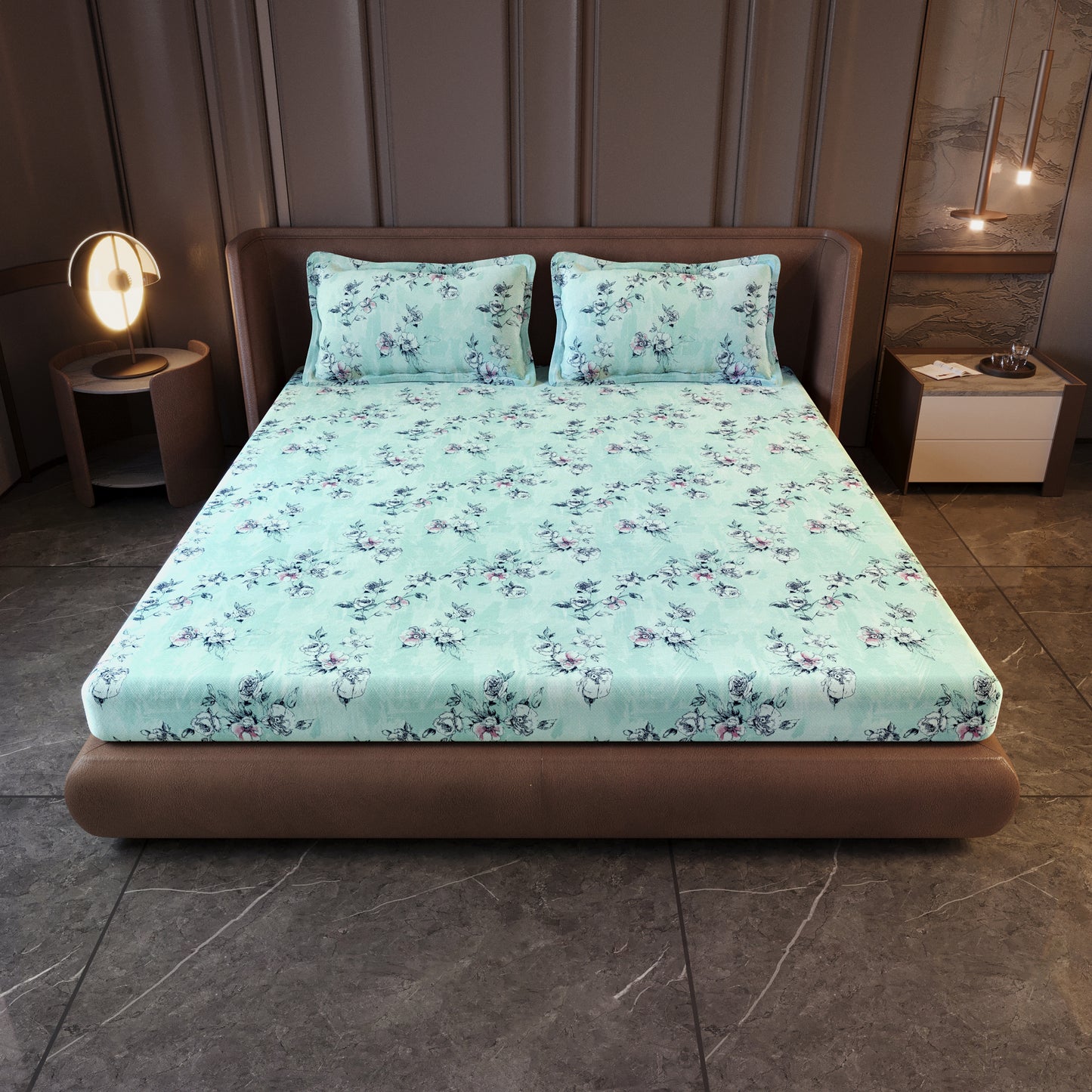 Mint Green Floral 144 TC Cotton King Bedsheet