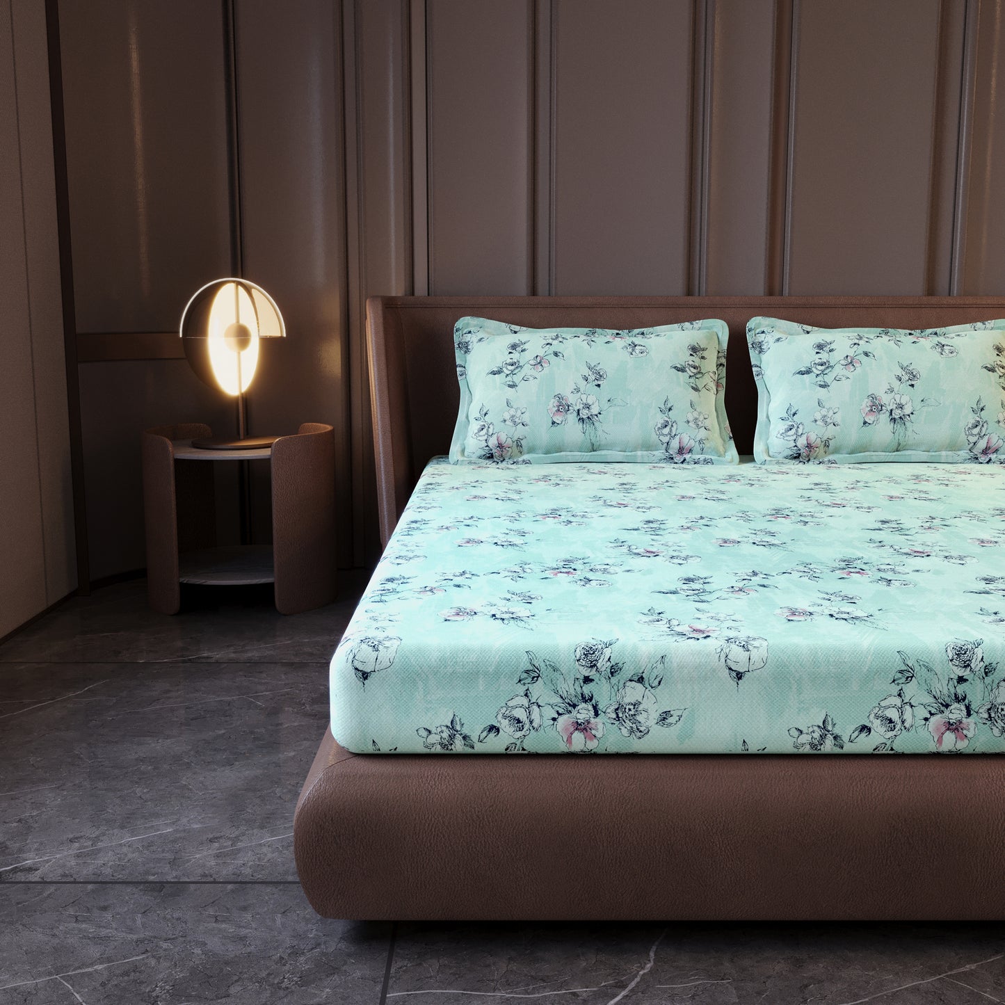 Mint Green Floral 144 TC Cotton King Bedsheet