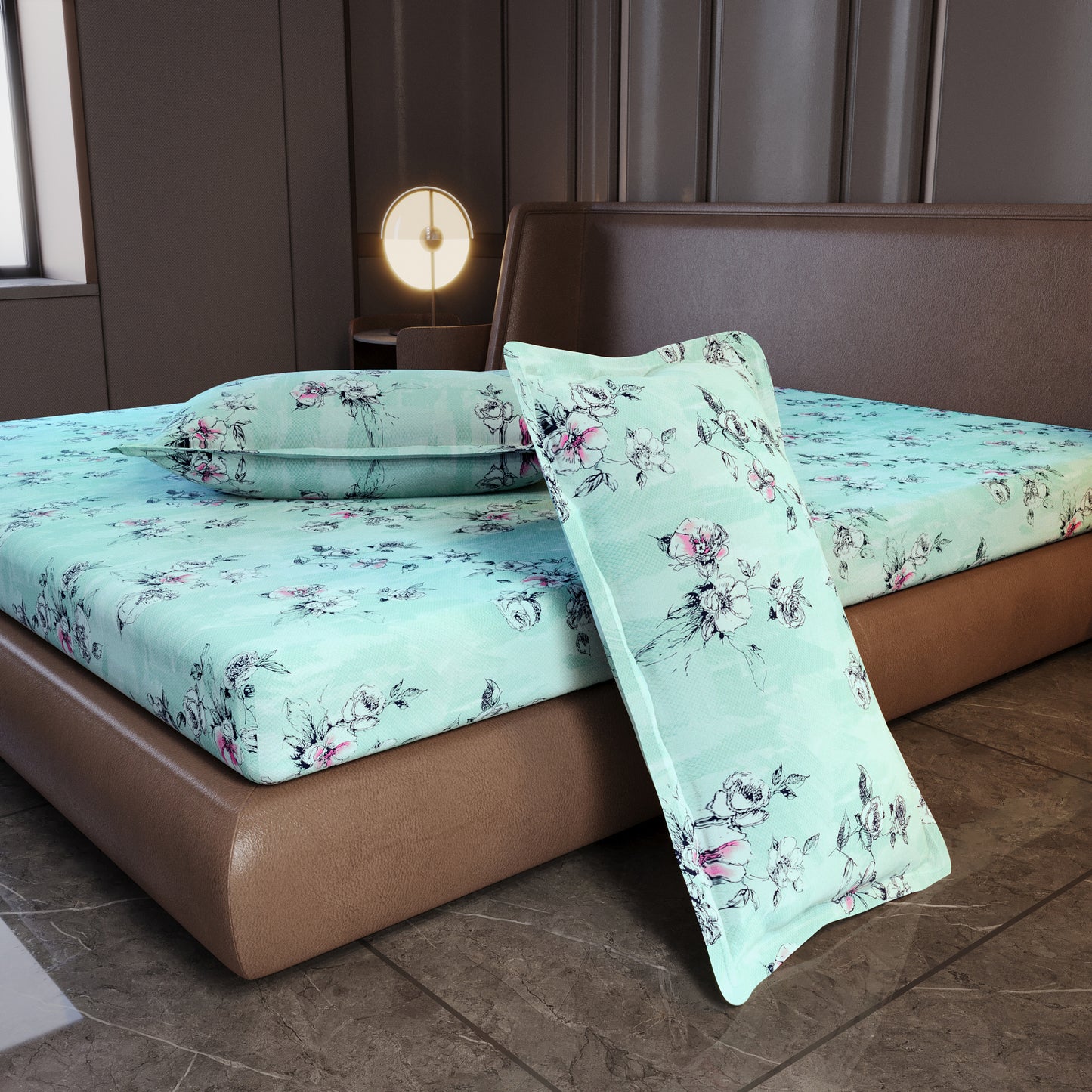 Mint Green Floral 144 TC Cotton King Bedsheet