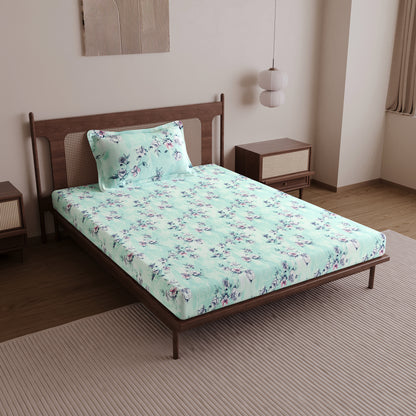 Mint Green Floral Cotton Elastic Fitted Single Bedsheet