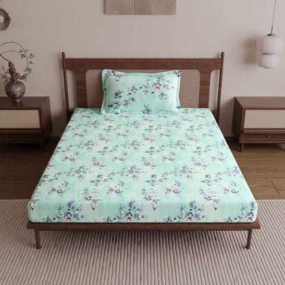 Mint Green Floral 144 TC Cotton Single Bedsheet