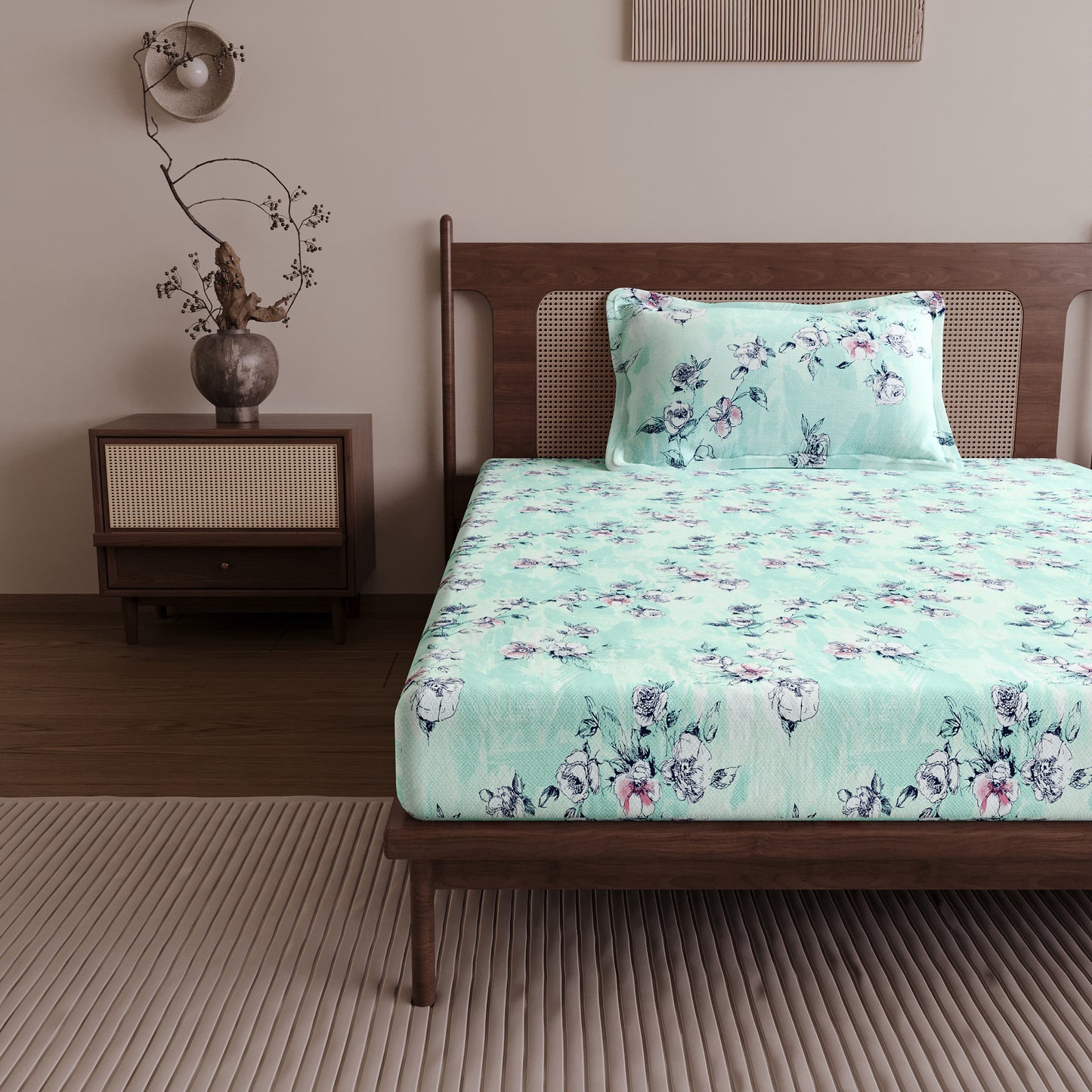 Mint Green Floral 144 TC Cotton Single Bedsheet