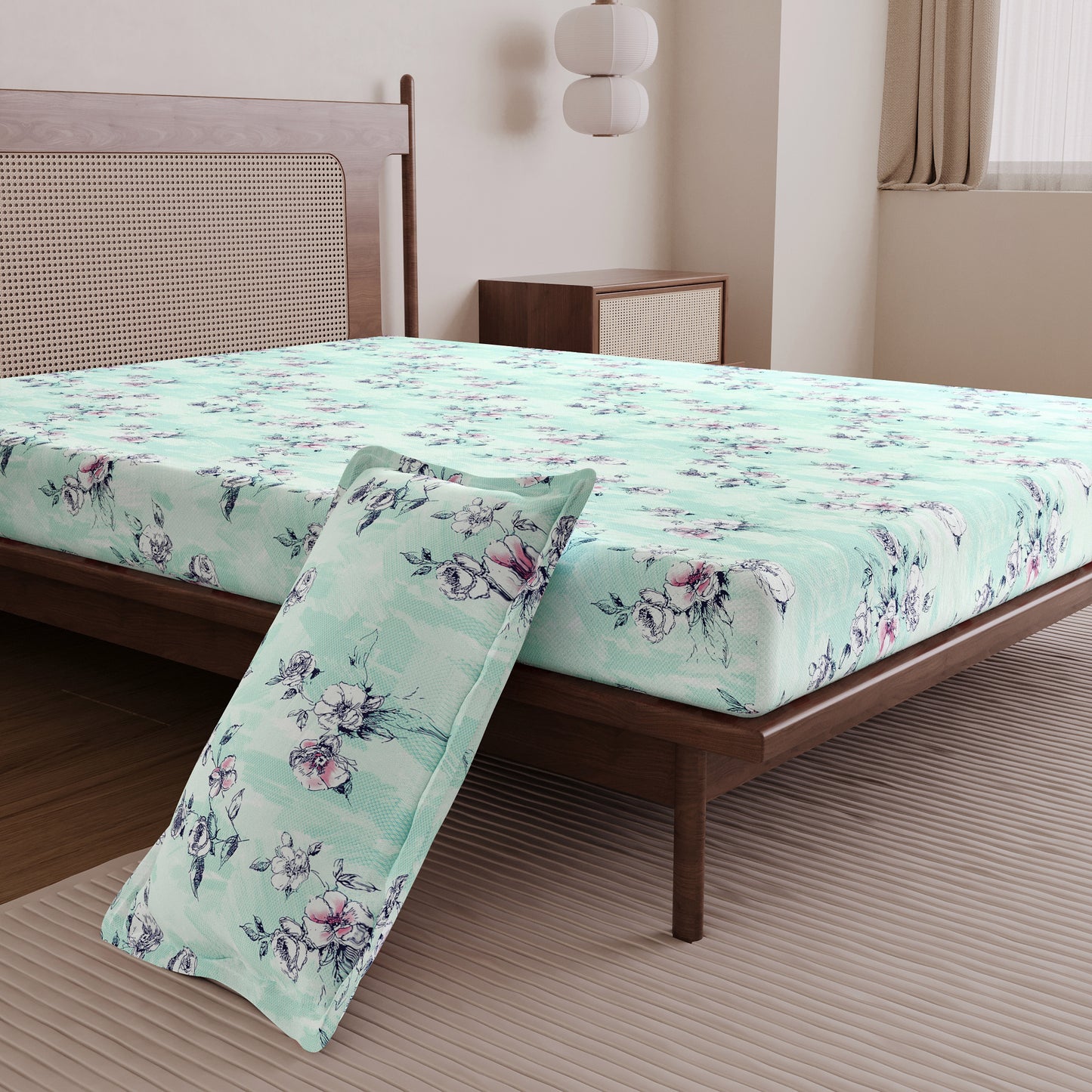 Mint Green Floral 144 TC Cotton Single Bedsheet