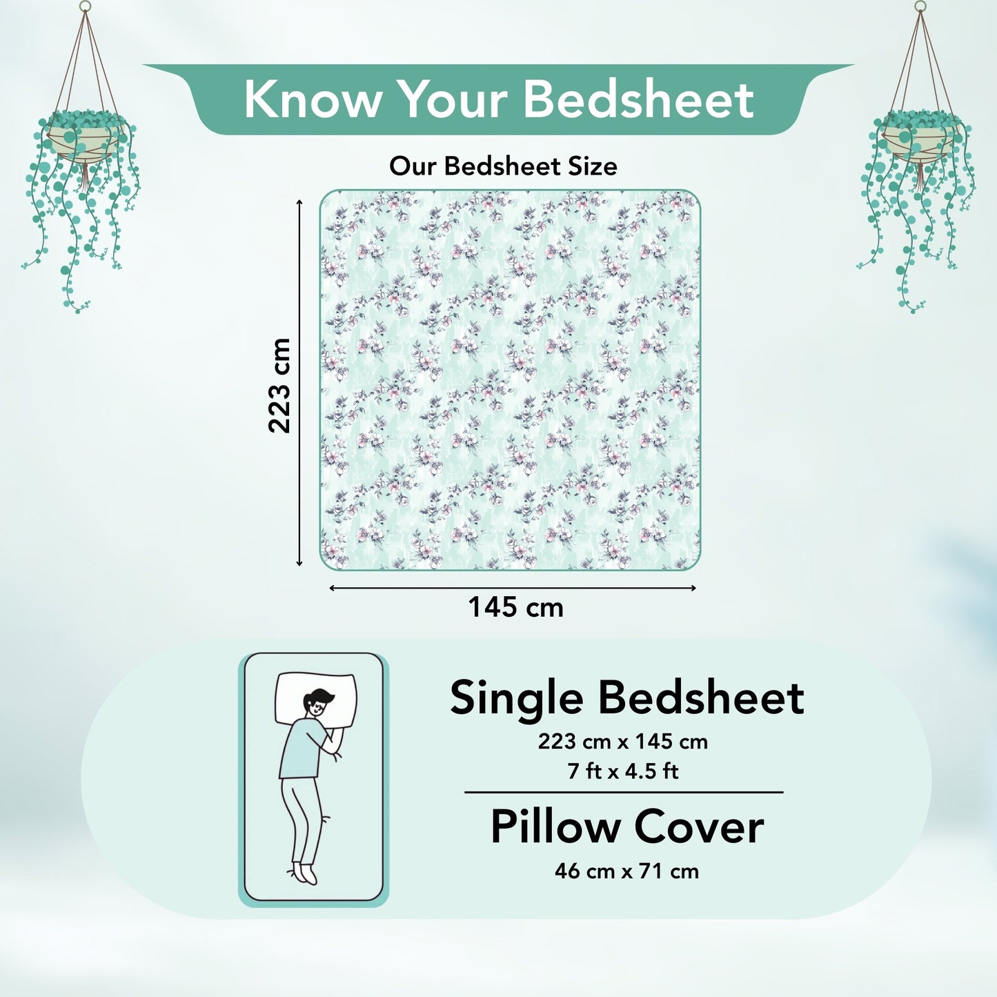 Mint Green Floral 144 TC Cotton Single Bedsheet