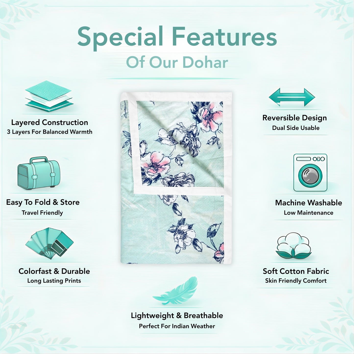 Mint Green Floral Pure Cotton Lightweight Dohar For Single Bed