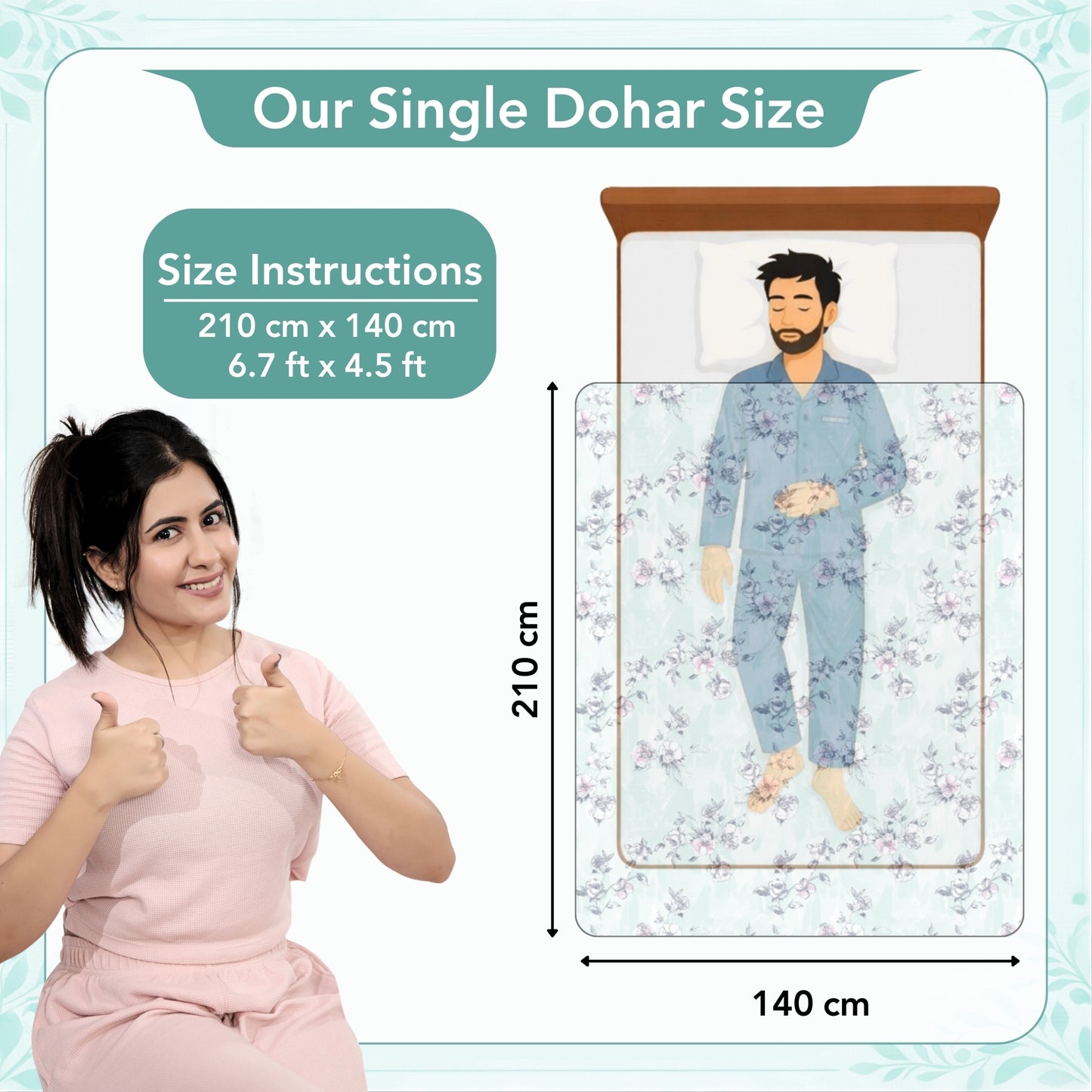 Mint Green Floral Pure Cotton Lightweight Dohar For Single Bed