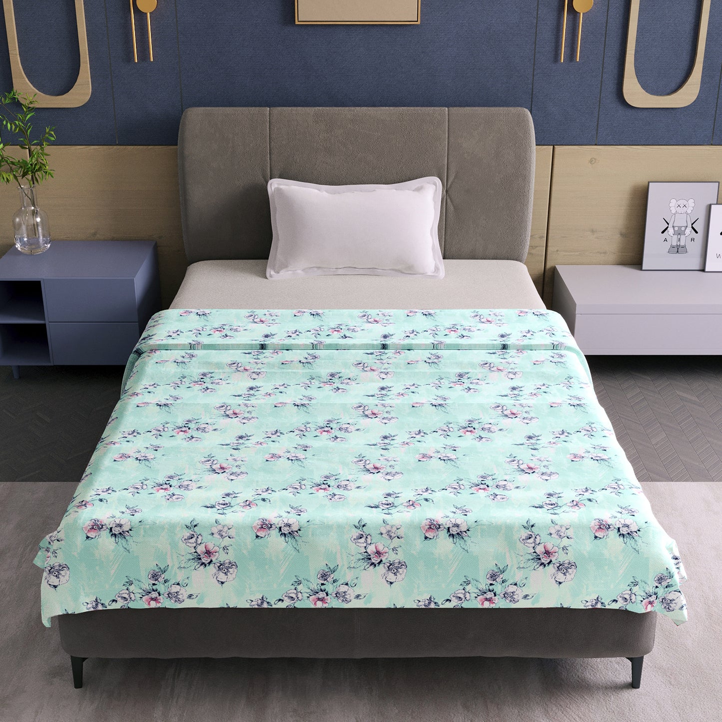 Mint Green Floral Pure Cotton Lightweight Dohar For Single Bed