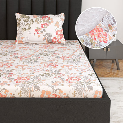 Blue and Peach Floral Print Elastic Fitted Combo Bedsheet For Single Bed