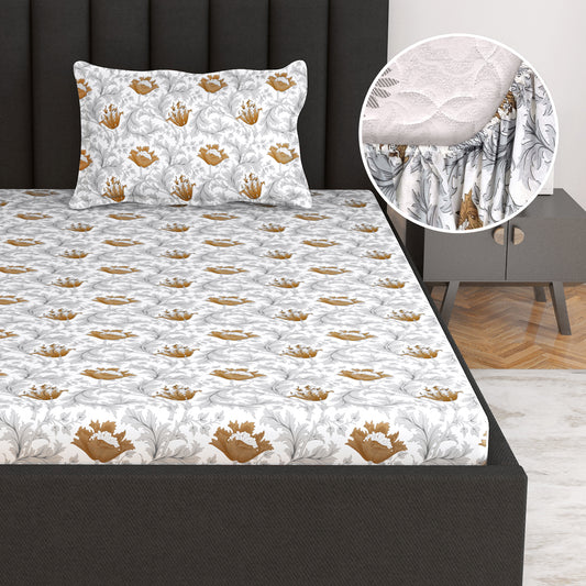 Tulip Floral Grey and Brown Elastic Fitted Bedsheet For Single Bed